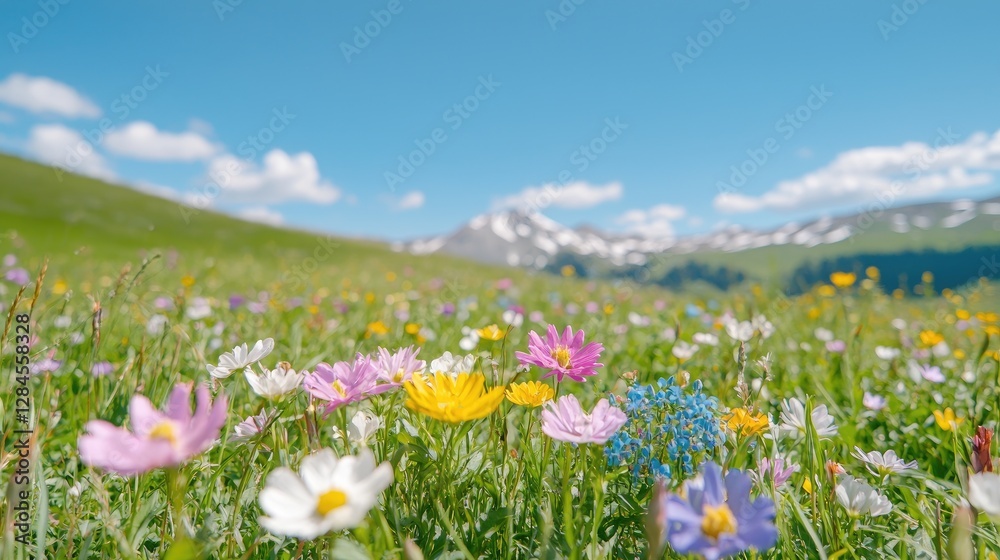 Colorful wildflowers on a grassy mountain slope under a clear sky. Possible use Nature, beauty, or tourism Colorful wildflowers on a grassy mountain slope under a clear sky. Possible use Nature, beauty, or tourism