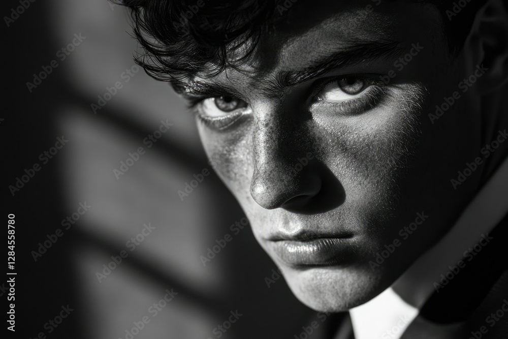 Obraz premium A young man's intense gaze, captured in a dramatic black and white close-up.