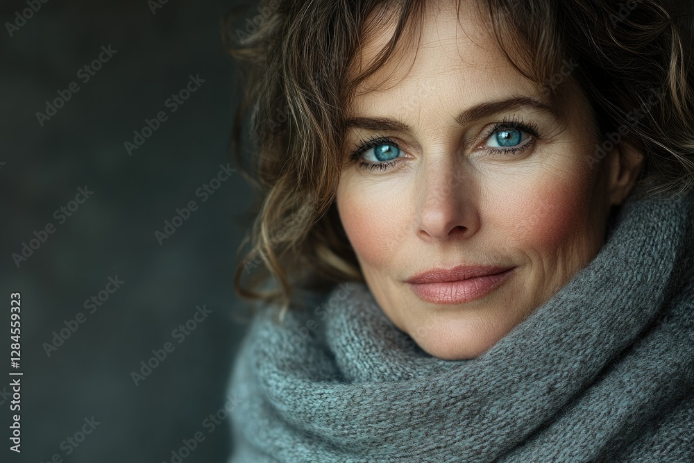 Close-up portrait of a woman with blue eyes, wearing a gray scarf. Close-up portrait of a woman with blue eyes, wearing a gray scarf.