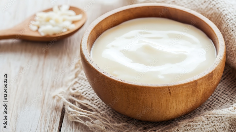 Creamy Yogurt in a Wooden Bowl Surrounded by Rice Grains on Rustic Cloth : Generative AI Creamy Yogurt in a Wooden Bowl Surrounded by Rice Grains on Rustic Cloth : Generative AI