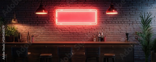 Cozy brick-walled bar with neon sign, wooden stools, and warm lighting photo