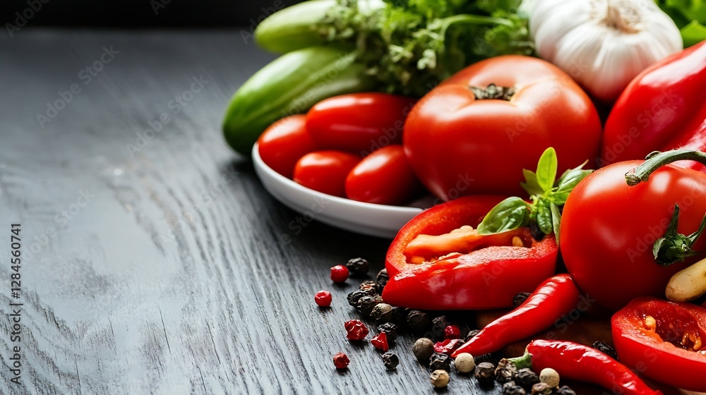 Fresh vibrant vegetables including red tomatoes and chili peppers on rustic wood background : Generative AI Fresh vibrant vegetables including red tomatoes and chili peppers on rustic wood background : Generative AI