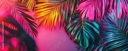 Vibrant multicolored tropical palm leaves with neon glow on pink background