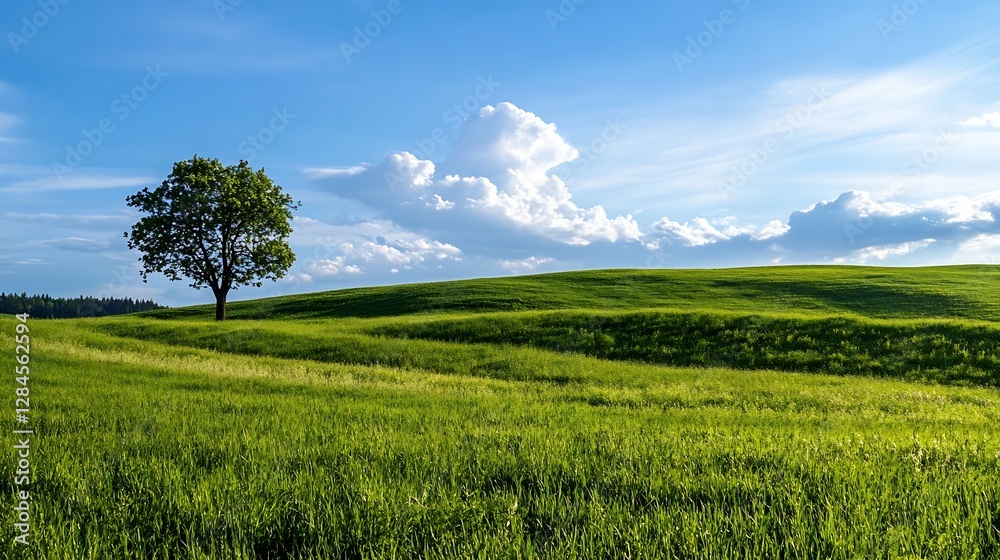 Serene landscape showcasing vibrant green fields and a single tree under a bright blue sky with clouds : Generative AI Serene landscape showcasing vibrant green fields and a single tree under a bright blue sky with clouds : Generative AI