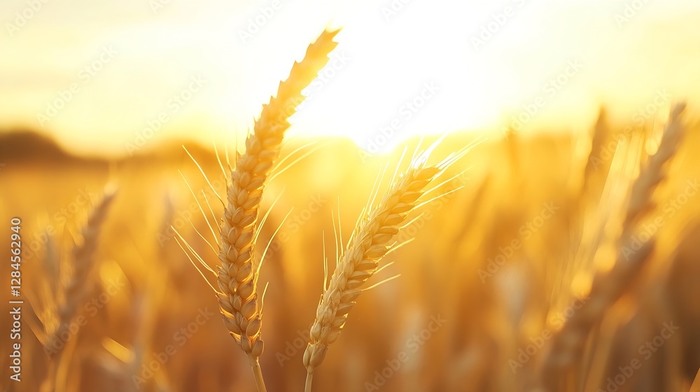 Golden wheat field at sunset capturing the essence of harvest and nature's bounty : Generative AI