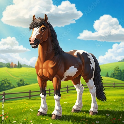horse in the field, Cute Animal Cartoon By JN