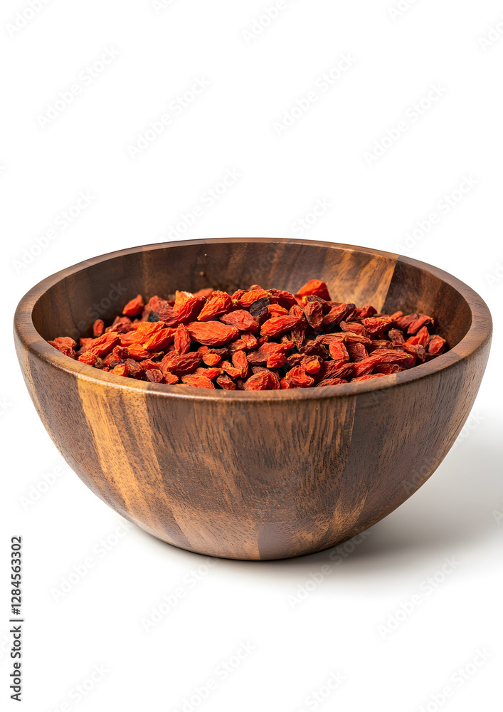 Dried Goji Berries in Wooden Bowl on White Background Dried Goji Berries in Wooden Bowl on White Background