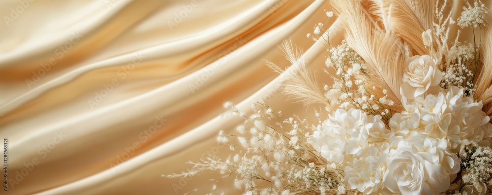 Elegant cream fabric with delicate white flowers and pampas grass arrangement Elegant cream fabric with delicate white flowers and pampas grass arrangement