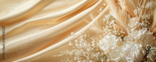 Elegant cream fabric with delicate white flowers and pampas grass arrangement