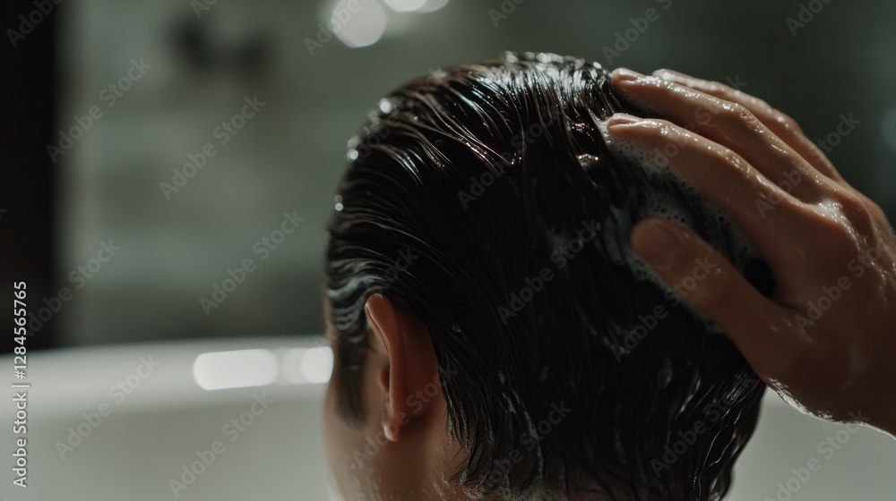 Naklejka premium A man with thinning hair using a hair regrowth serum in a well-lit bathroom. Featuring rejuvenation and hope