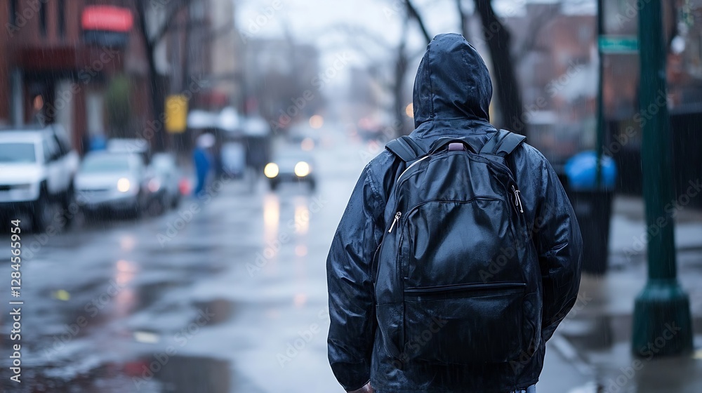 Fototapeta premium Person wearing a black rain jacket and backpack walking on a rainy city street with blurred cars in the background : Generative AI