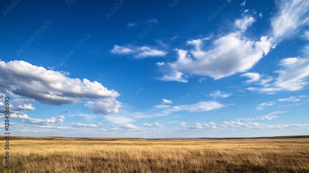 Expansive golden grassland under a bright blue sky with soft clouds in the horizon : Generative AI Expansive golden grassland under a bright blue sky with soft clouds in the horizon : Generative AI