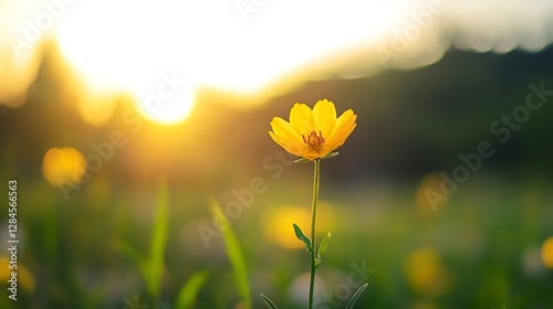 Vibrant Yellow Flower Illuminated by Soft Sunset Light in a Field : Generative AI photo