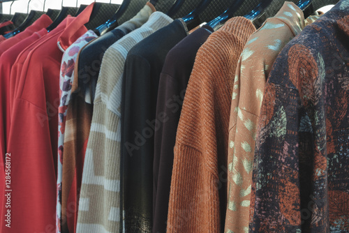 A rack of clothes with a red shirt on the left and a brown shirt on the right. The clothes are hanging on a rack and are of different colors and styles