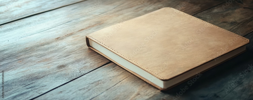 Fototapeta premium Closed leather book on wooden table with warm natural lighting