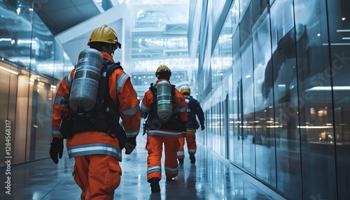 A team of firefighters in bright orange suits equipped with oxygen tanks walks through a modern building, showcasing commitment and teamwork in emergency response situations.