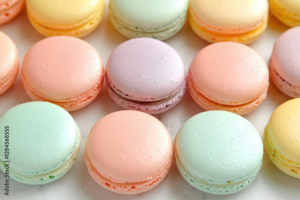 A delightful collection of pastel-colored macarons, a sweet and visually appealing treat. A delightful collection of pastel-colored macarons, a sweet and visually appealing treat.