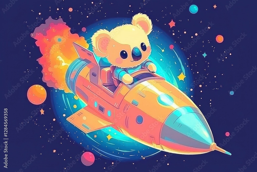 Fototapeta premium Adorable Koala Astronaut Piloting a Rocket Ship Through Space