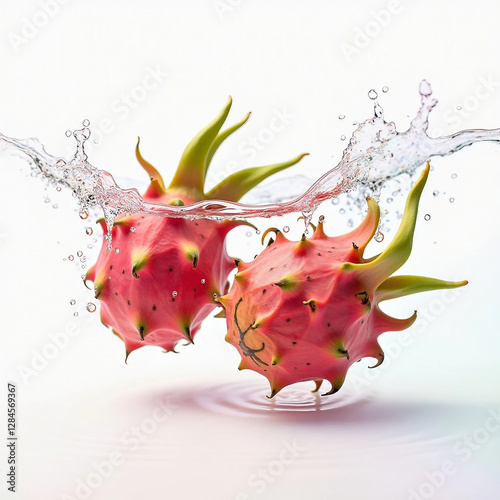 Fresh Dragon Fruits Splashing into Water on a White Background