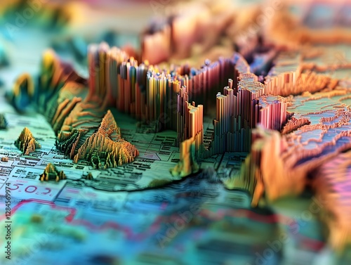 A vibrant topographical map showcasing multicolored terrain and intricate details of mountains and valleys, providing a stunning visual representation of geographical features. photo