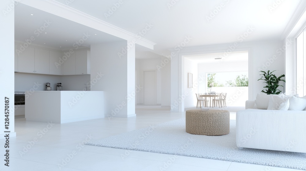 Modern white apartment interior design, open plan living space, bright sunlight, balcony view, home decor Modern white apartment interior design, open plan living space, bright sunlight, balcony view, home decor