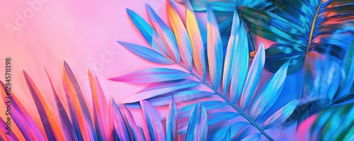 Wallpaper Mural Vibrant tropical leaves in neon pink and blue light Torontodigital.ca