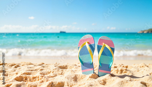 Colorful flip-flops on sandy beach with ocean view, summer vibes