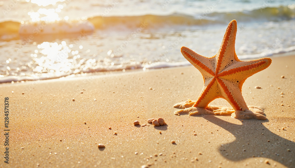 Starfish resting on sand at seaside during low tide, beach vacation