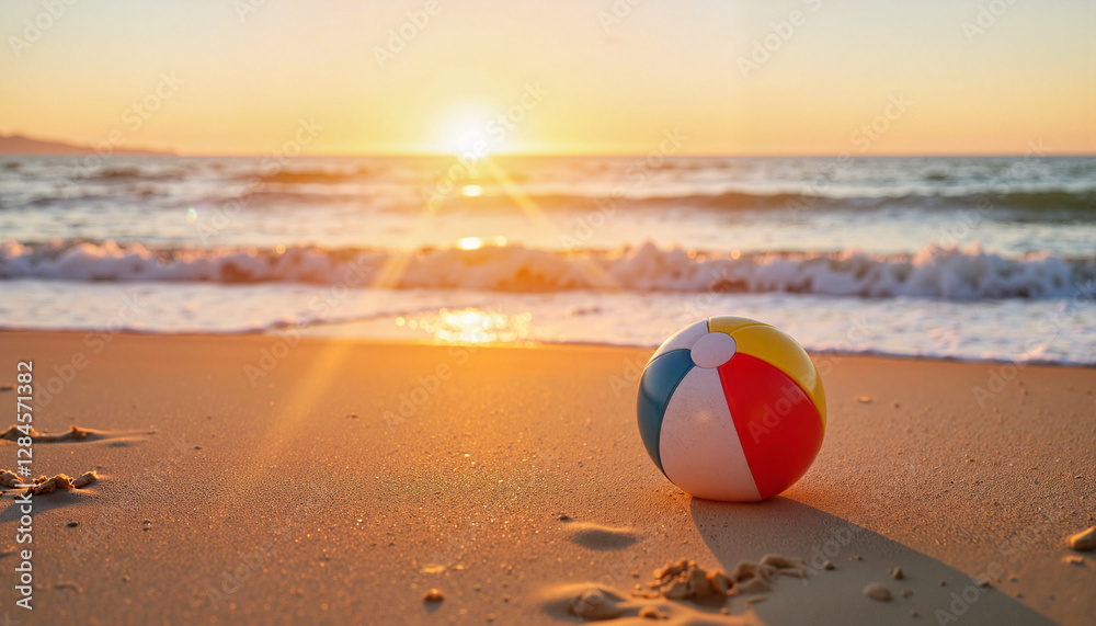 Obraz premium Colorful beach ball on sandy shore at sunset, summer relaxation