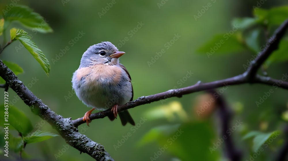 Close up of a colorful little bird perched on a branch in a vibrant green landscape : Generative AI Close up of a colorful little bird perched on a branch in a vibrant green landscape : Generative AI
