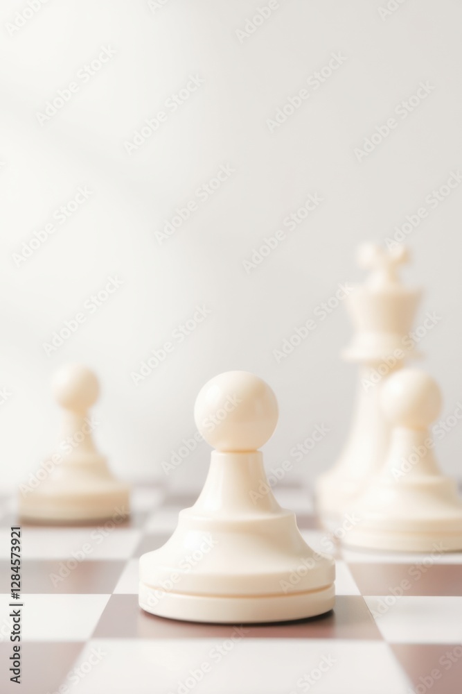 Strategic Game: Chess pieces set on a chessboard. Ivory game pieces on a neutral background. Strategic Game: Chess pieces set on a chessboard. Ivory game pieces on a neutral background.