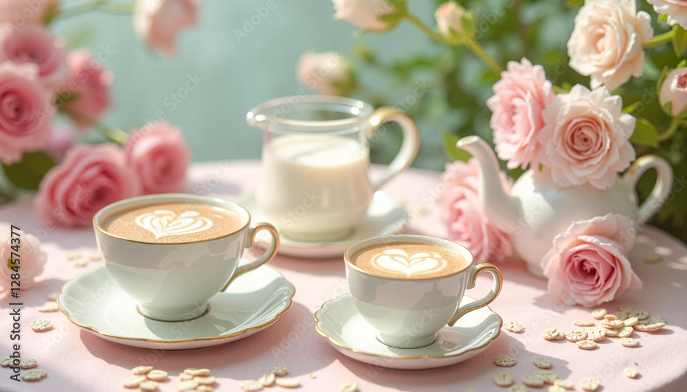 Whimsical tea party setup with delicate teacups and oat milk pitcher on pastel tablecloth, surrounded by fresh roses, joyful gathering concept. Whimsical tea party setup with delicate teacups and oat milk pitcher on pastel tablecloth, surrounded by fresh roses, joyful gathering concept.
