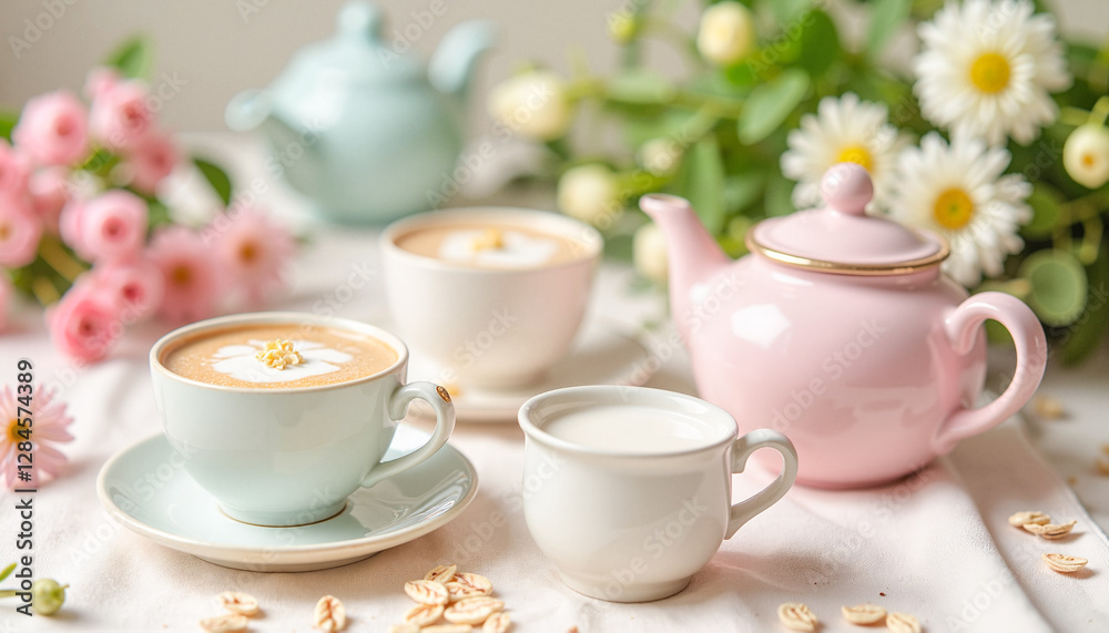 Whimsical tea party setup with pastel teacups and a pitcher of oat milk on a floral tablecloth, joyful gathering and spring celebration concept. Whimsical tea party setup with pastel teacups and a pitcher of oat milk on a floral tablecloth, joyful gathering and spring celebration concept.