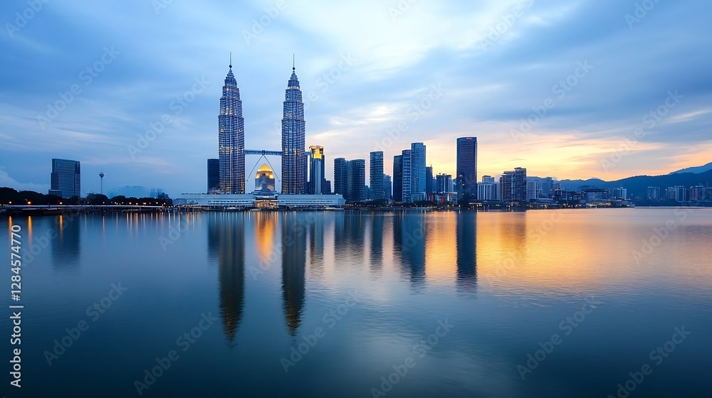 Obraz premium Iconic skyline featuring Petronas Towers reflected on the calm water at dusk : Generative AI