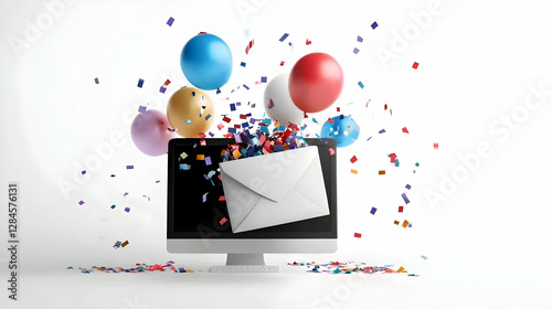 Colorful Balloons and Confetti Emerging from Computer Screen Email