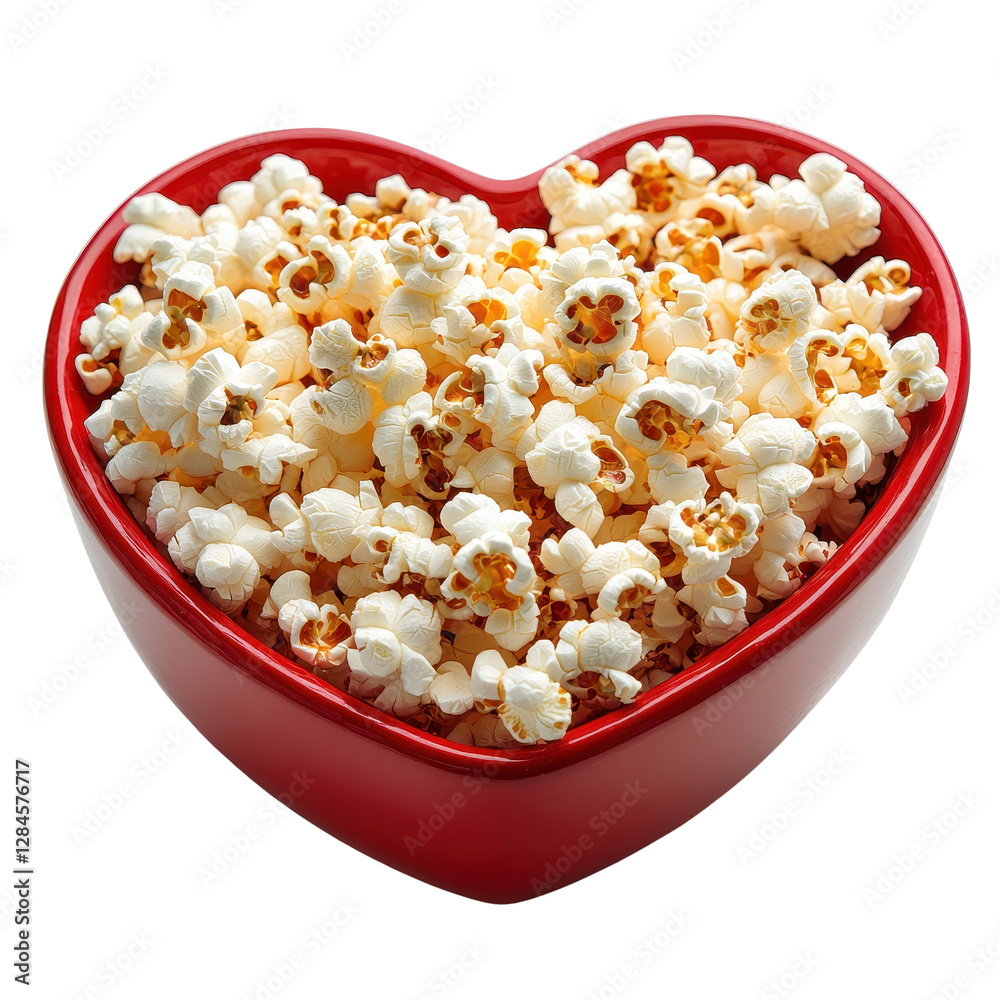 popcorn in red heart shaped bowl isolated on a white transparent background. close-up popcorn in red heart shaped bowl isolated on a white transparent background. close-up