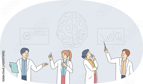 Group of neuroscientists is studying human brain trying to improve memory and intelligence. Male and female neuroscientists are developing new ways to diagnose and treat congenital diseases