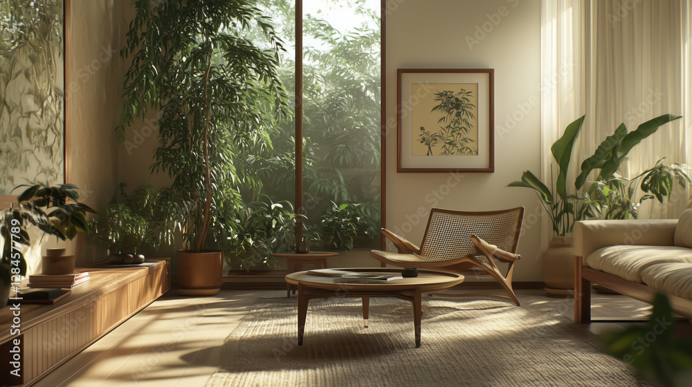 Fototapeta premium Peaceful Nature-Inspired Living Room Featuring a Frame Mockup, Showcasing Neutral Tones, Wooden Furniture, and Indoor Plants for a Fresh, Organic Feel