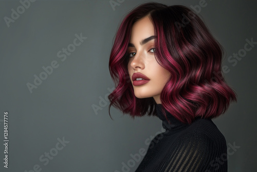 Beautiful Woman with   burgundy balayage , hair coloring technique. Beauty model girl with short  soft wavy hair .  curly hairstyle dye .Fashion, cosmetics and makeup photo