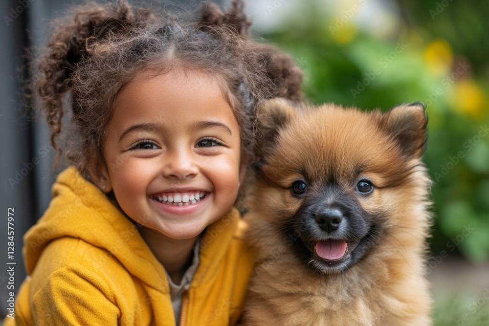 Friendly child smiles beside a playful puppy in a vibrant garden setting during the afternoon Friendly child smiles beside a playful puppy in a vibrant garden setting during the afternoon