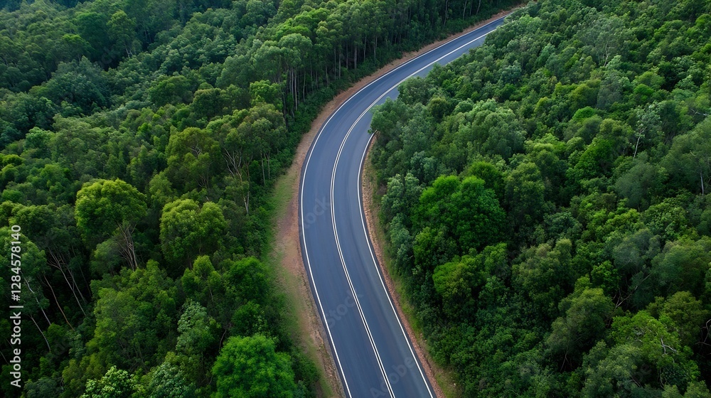 Aerial View of Winding Road Snaking Through Lush Green Forest Surrounded by Vibrant Foliage : Generative AI Aerial View of Winding Road Snaking Through Lush Green Forest Surrounded by Vibrant Foliage : Generative AI