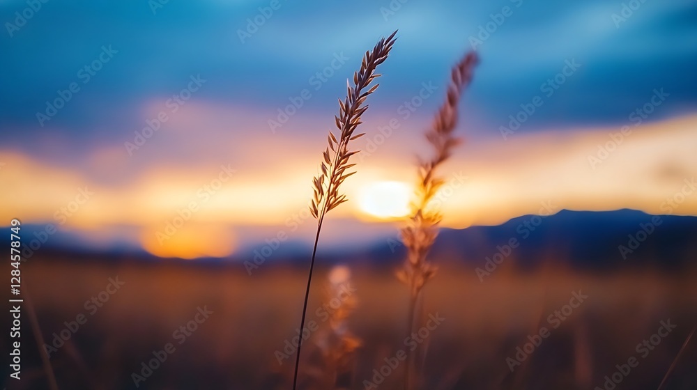 Fototapeta premium Beautiful golden sunset captured through tall grass with vibrant colors illuminating the sky : Generative AI