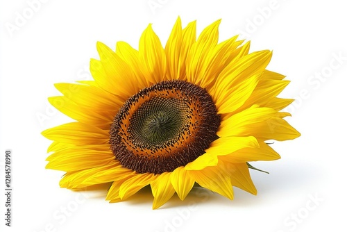 A vibrant, single sunflower with bright yellow petals and a dark brown center, isolated on a white background. photo