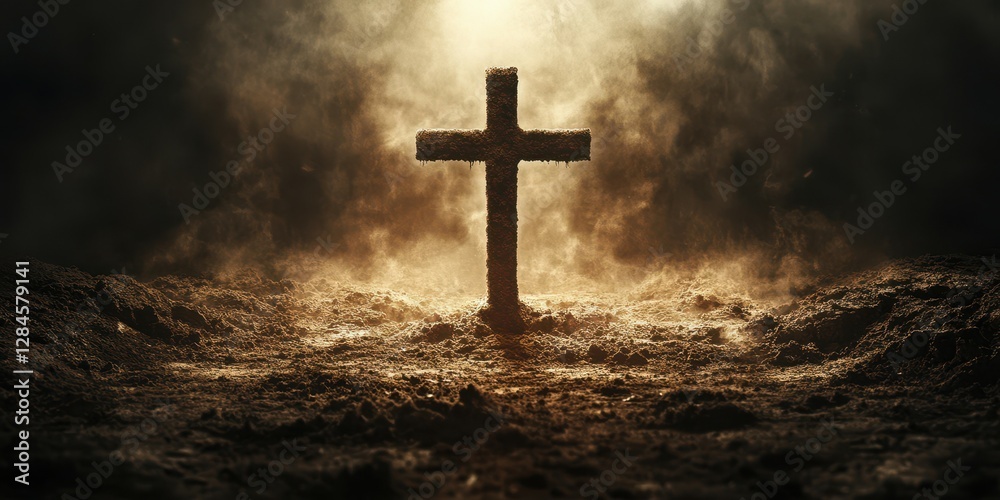 Fototapeta premium Symbolic representation of faith illuminated by dramatic lighting in a misty environment