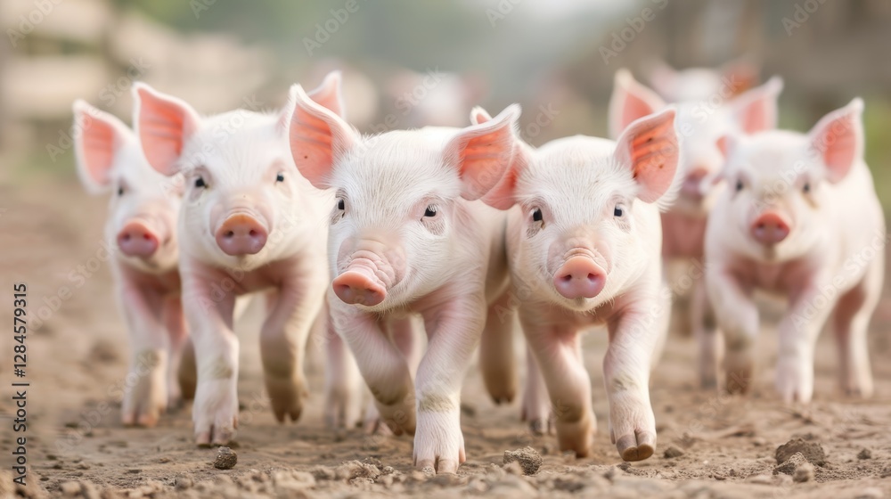 Fototapeta premium Adorable Piglets Running on a Farm