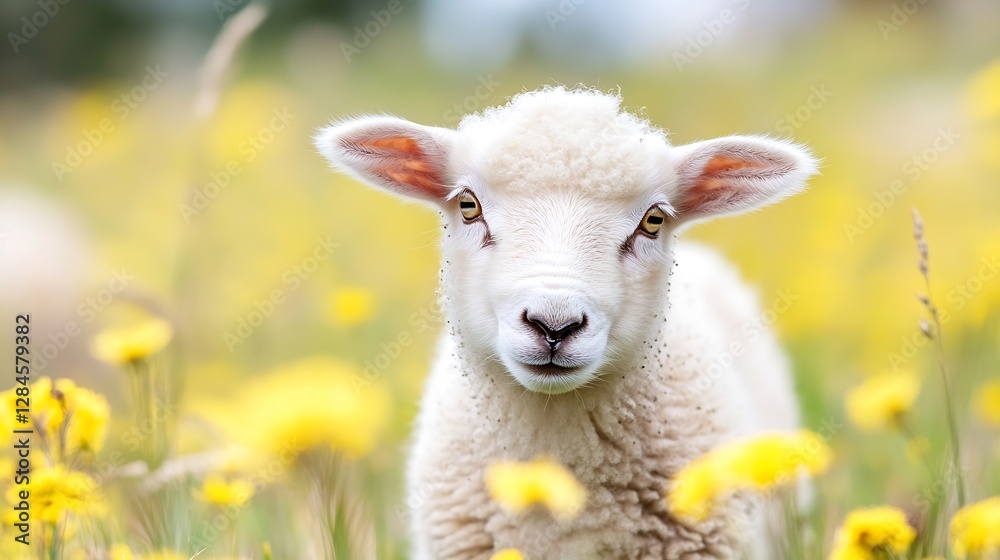 Fototapeta premium Adorable young sheep standing in a vibrant field of yellow flowers under a clear blue sky : Generative AI