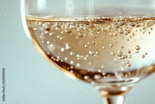 Close-up of sparkling wine in a glass, showcasing the effervescence and golden hue.