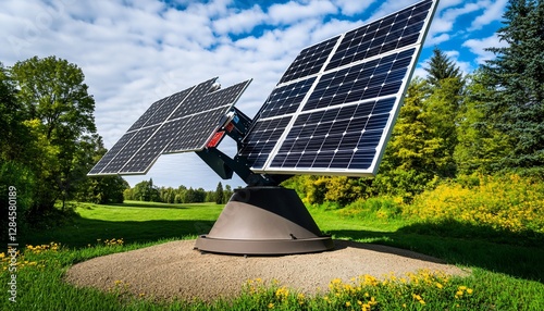 Dual Axis Tracking Solar Panel System in a Green Field