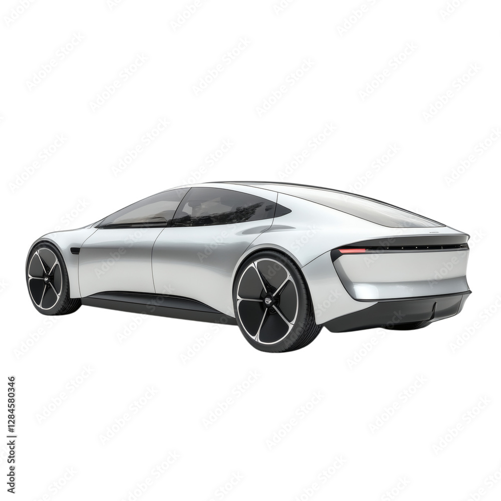 A Futuristic Electric Sedan with Smooth Silver Fin Isolated on Transparent Background A Futuristic Electric Sedan with Smooth Silver Fin Isolated on Transparent Background