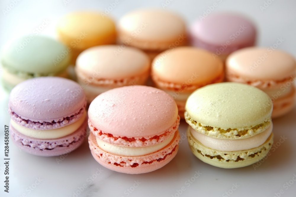 Pastel-colored macarons arranged on a marble surface, showcasing their delicate and delicious appearance. Pastel-colored macarons arranged on a marble surface, showcasing their delicate and delicious appearance.